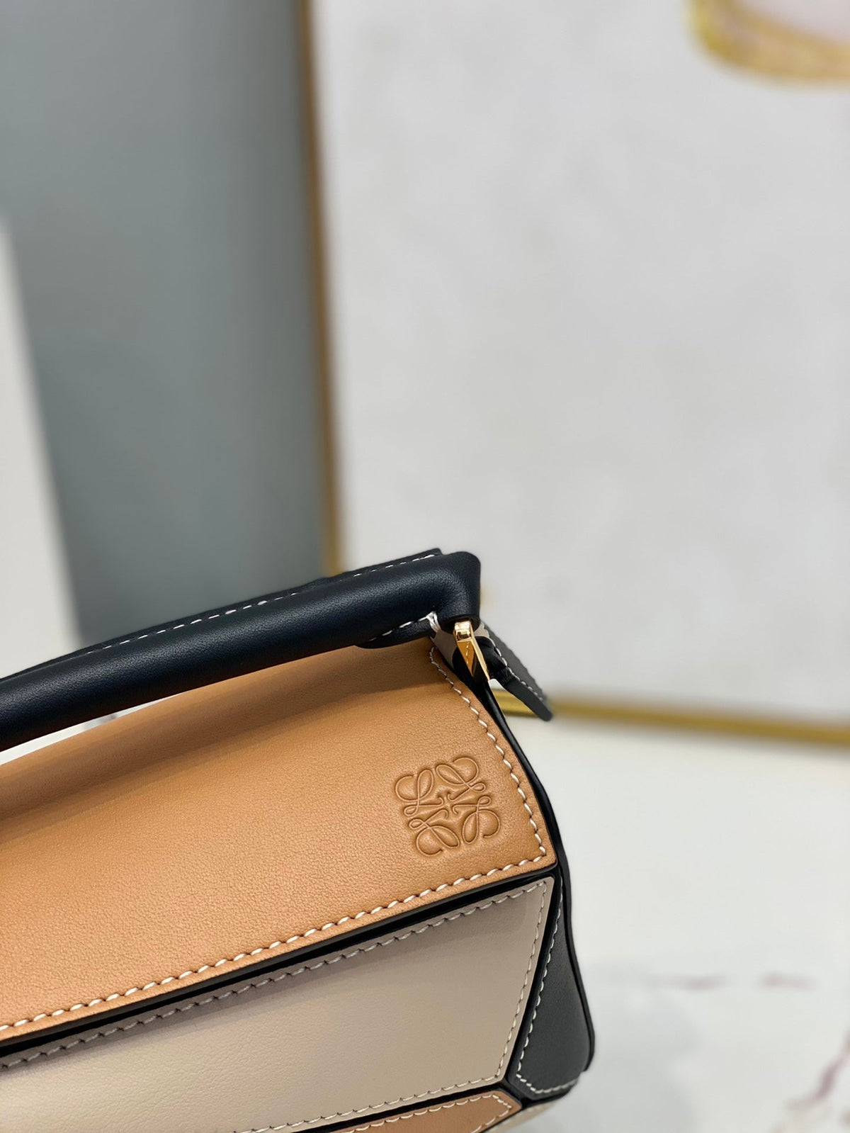 Loewe Mini 18 Puzzle Bag in Brown Mix Beige and Black Calfskin