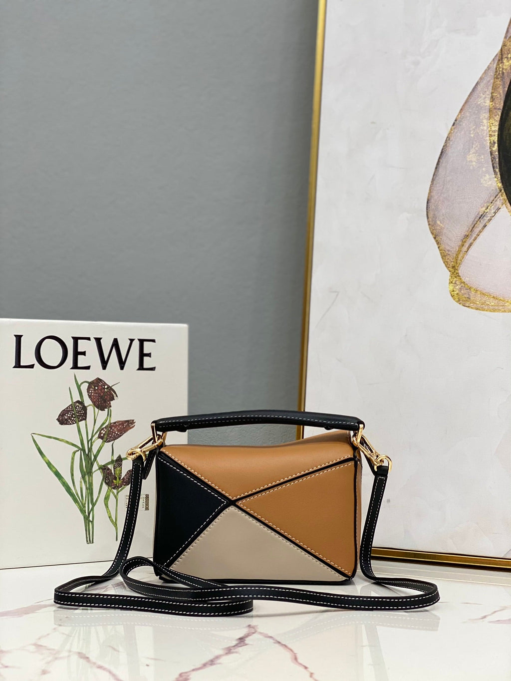 Loewe Mini 18 Puzzle Bag in Brown Mix Beige and Black Calfskin