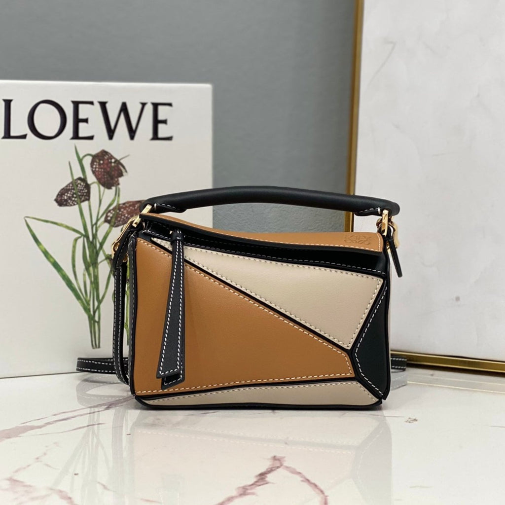 Loewe Mini 18 Puzzle Bag in Brown Mix Beige and Black Calfskin