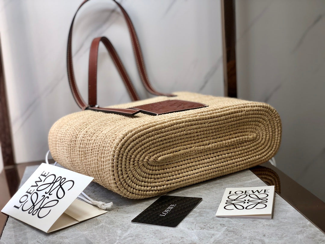 Loewe Square Basket Bag 28 in Natural Raffia and Chocolate Brown Calfskin