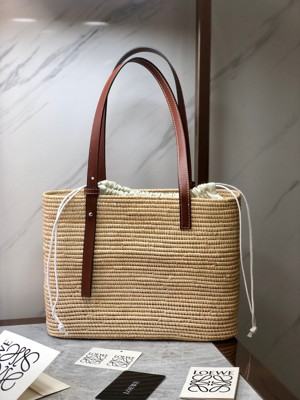 Loewe Square Basket Bag 28 in Natural Raffia and Chocolate Brown Calfskin