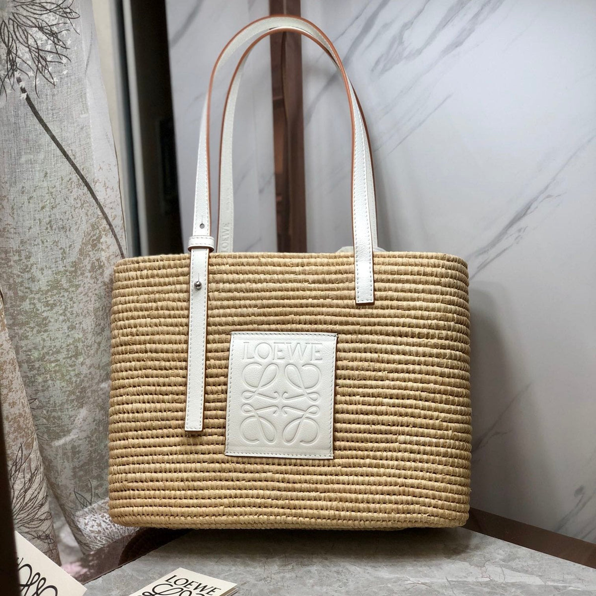Loewe Square Basket Bag 28 in Natural Raffia and White Calfskin