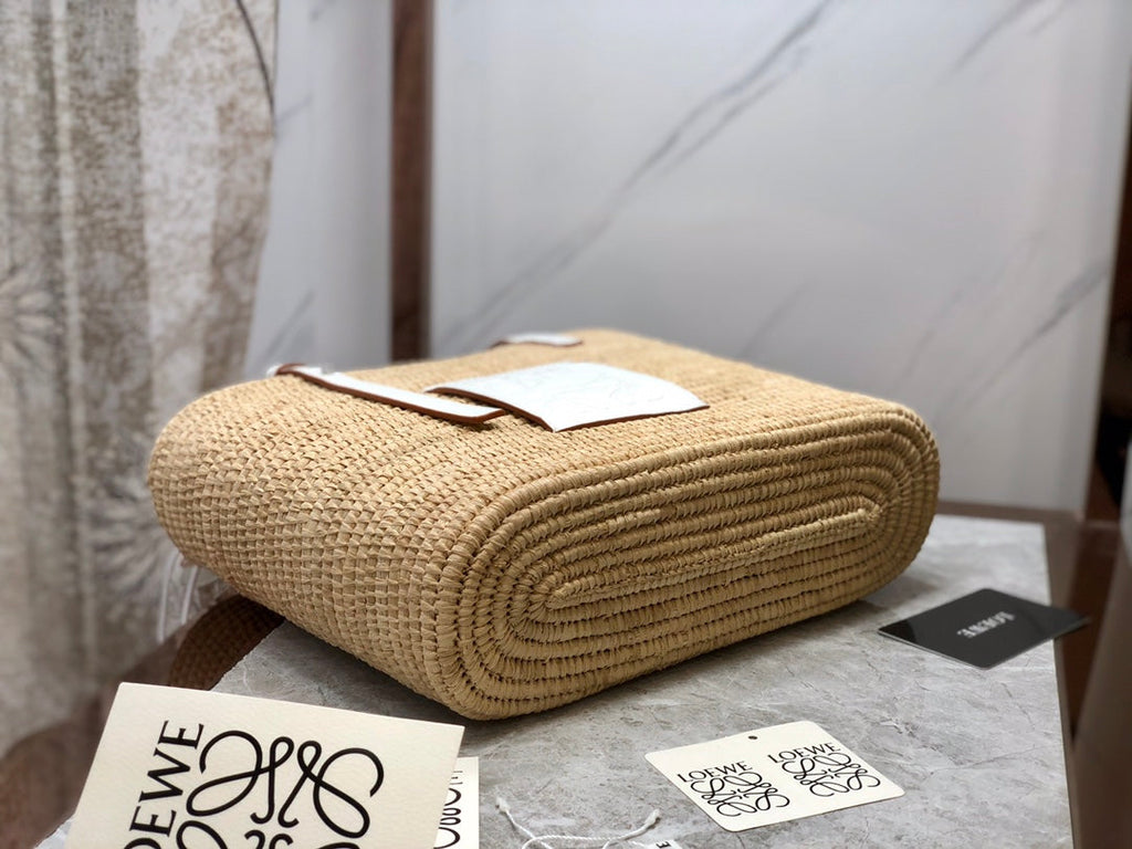 Loewe Square Basket Bag 28 in Natural Raffia and White Calfskin