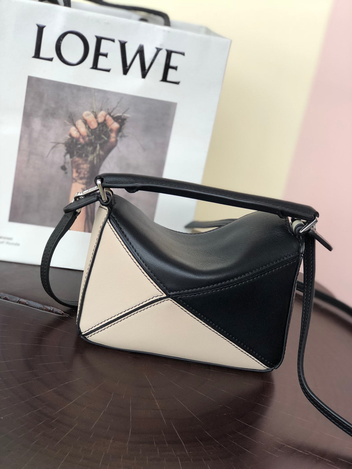 Loewe Mini 18 Puzzle Bag in White Mix Black Calfskin