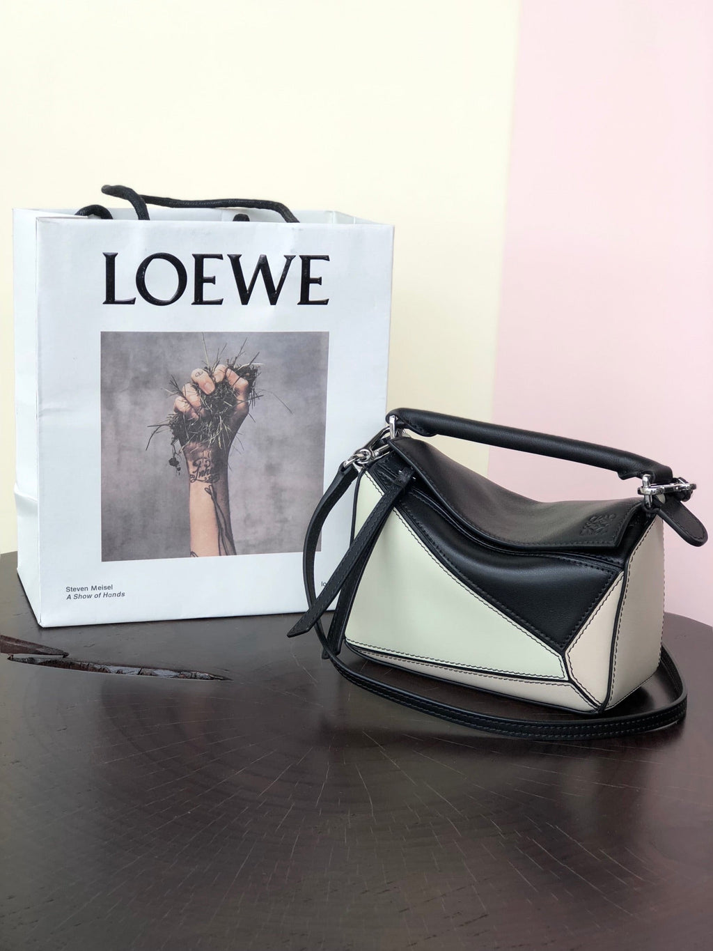 Loewe Mini 18 Puzzle Bag in White Mix Black Calfskin