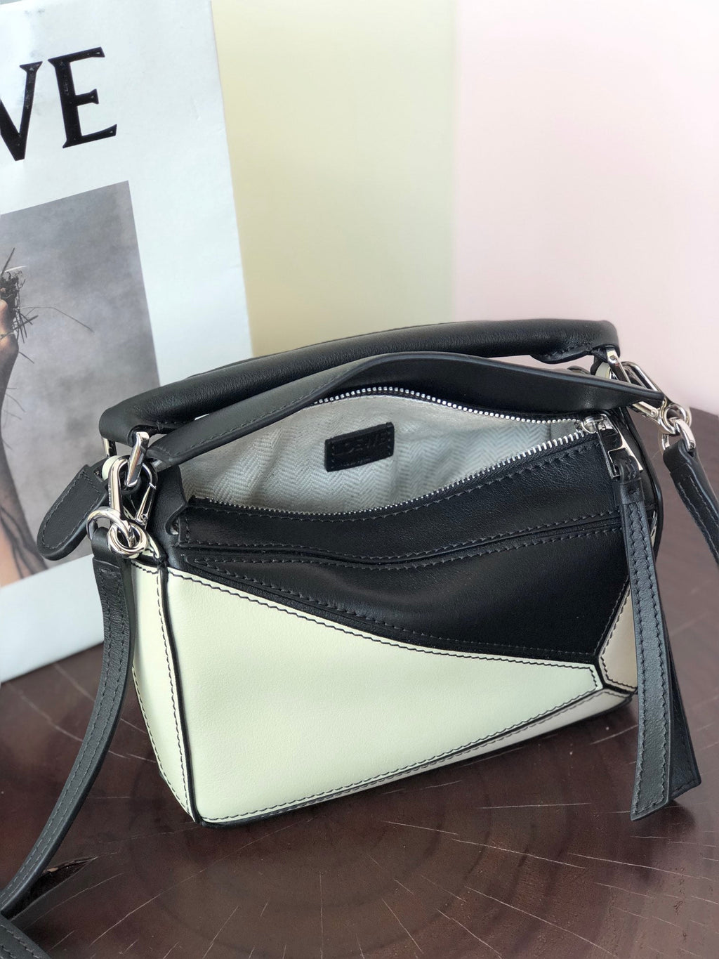 Loewe Mini 18 Puzzle Bag in White Mix Black Calfskin