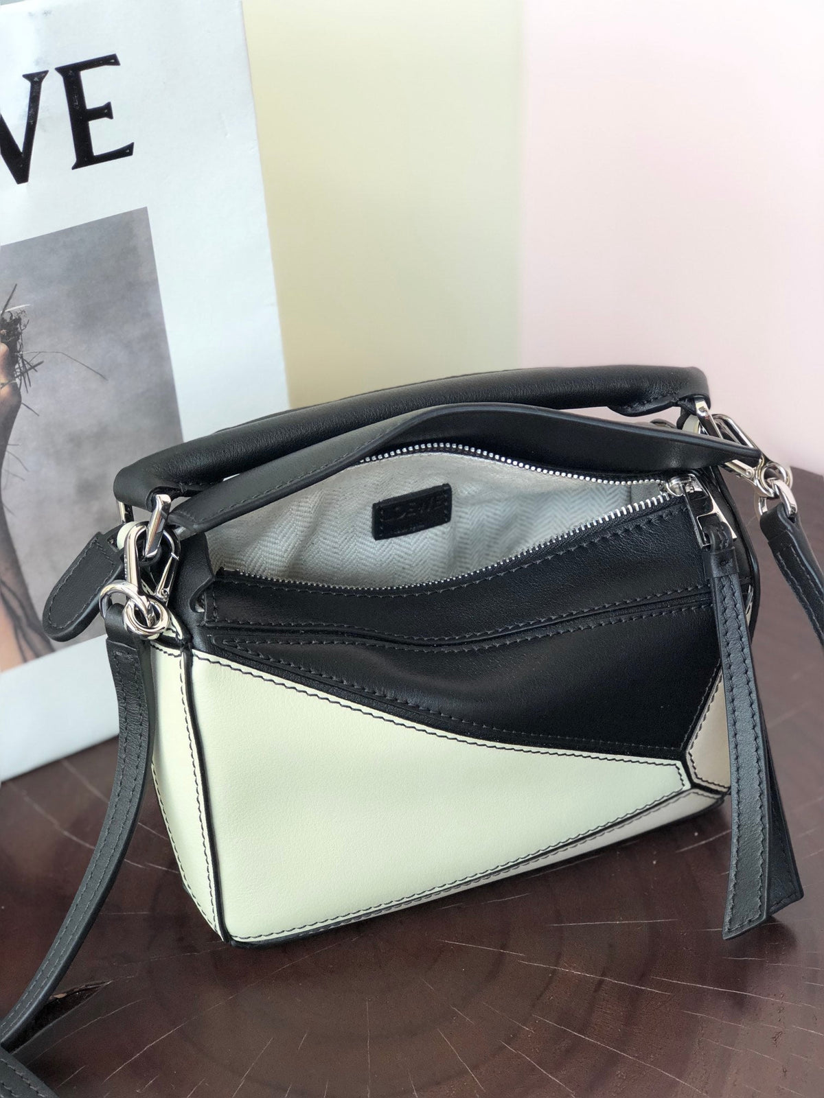 Loewe Mini 18 Puzzle Bag in White Mix Black Calfskin