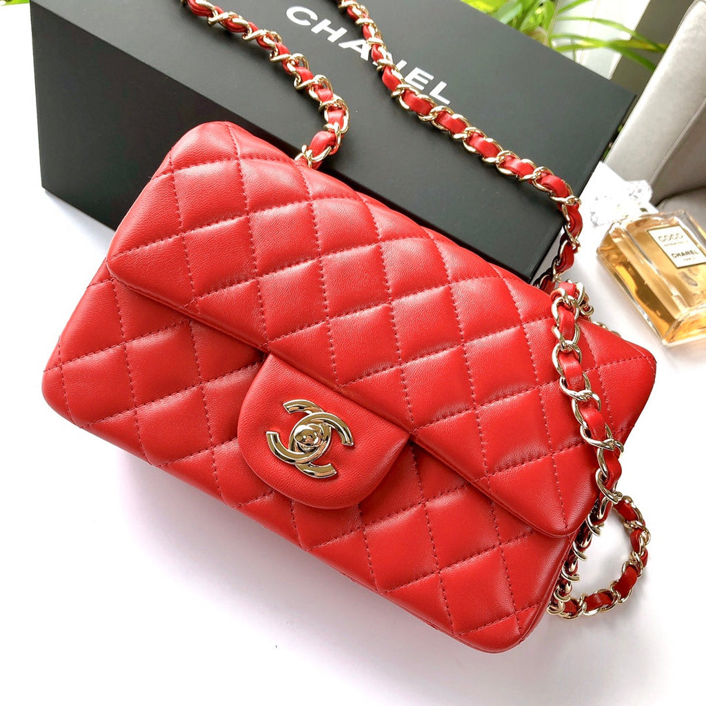 Chanel Mini Rectangle Flap Bag 20cm Red Lambskin Gold Hardware