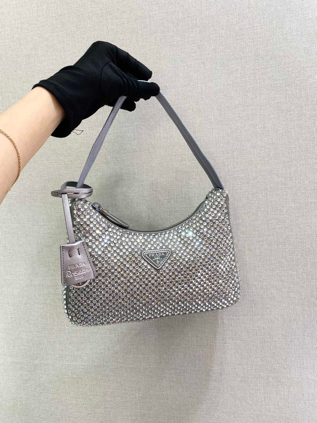 Prada Sparkling Hobo Bag 23 in Silver Nylon Attached Fully Crystals
