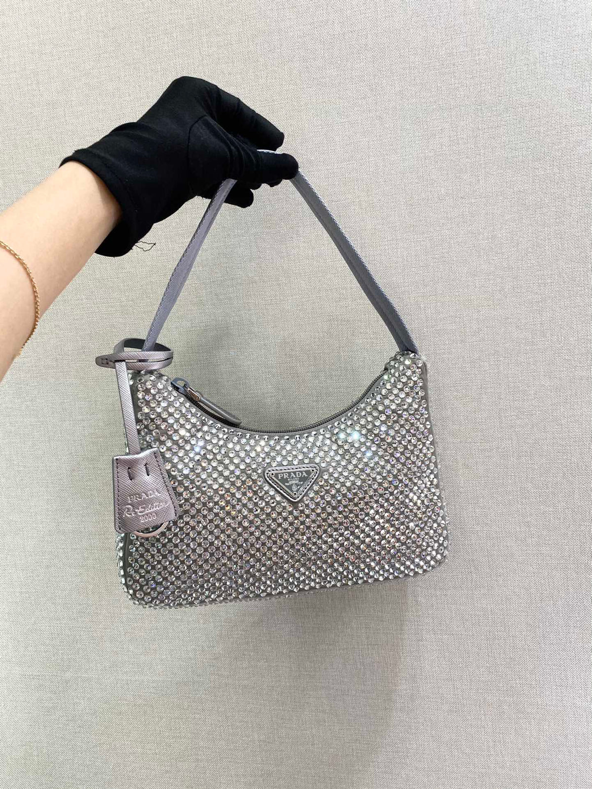 Prada Sparkling Hobo Bag 23 in Silver Nylon Attached Fully Crystals
