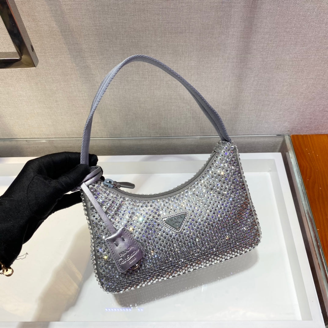 Prada Sparkling Hobo Bag 23 in Silver Nylon Attached Fully Crystals
