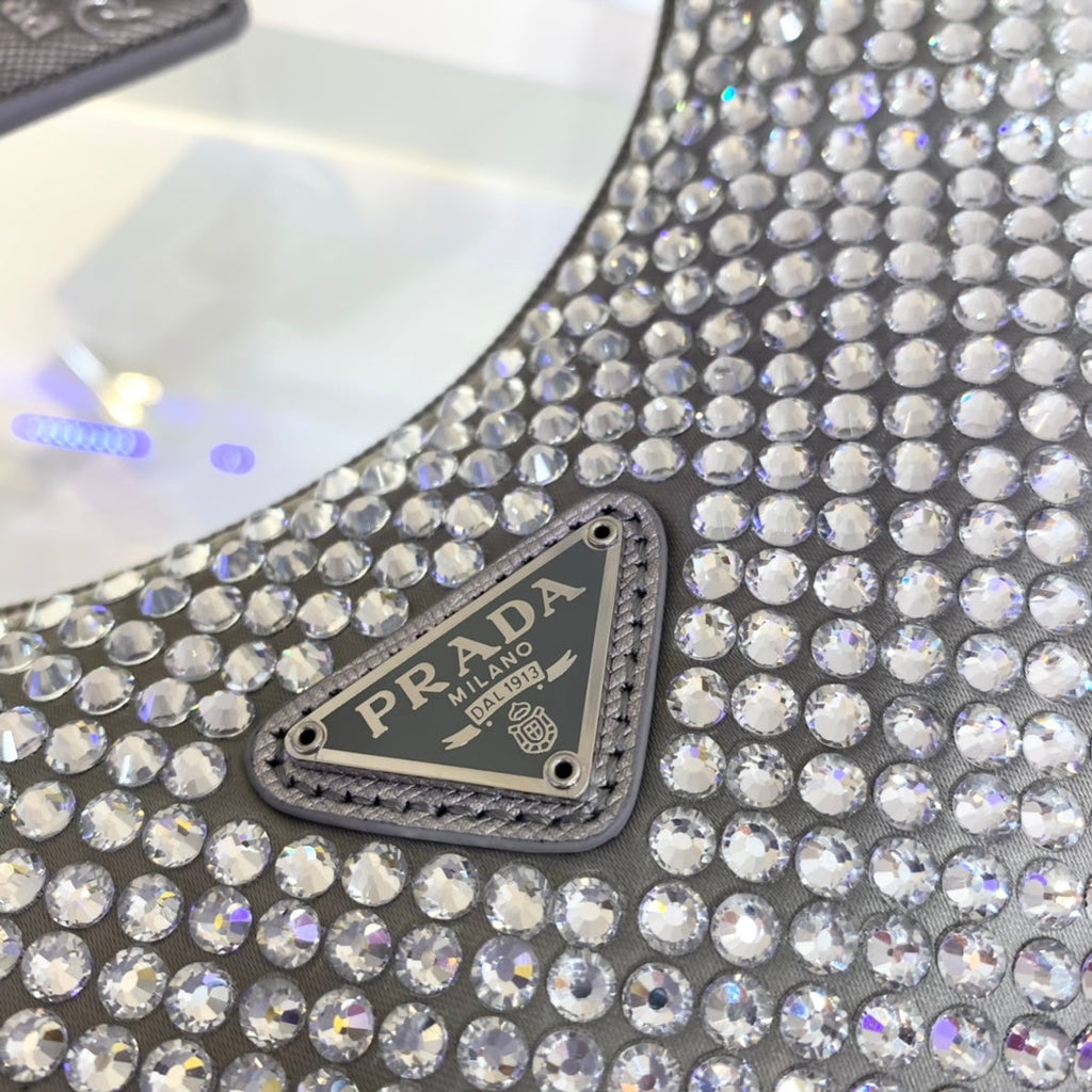Prada Sparkling Hobo Bag 23 in Silver Nylon Attached Fully Crystals