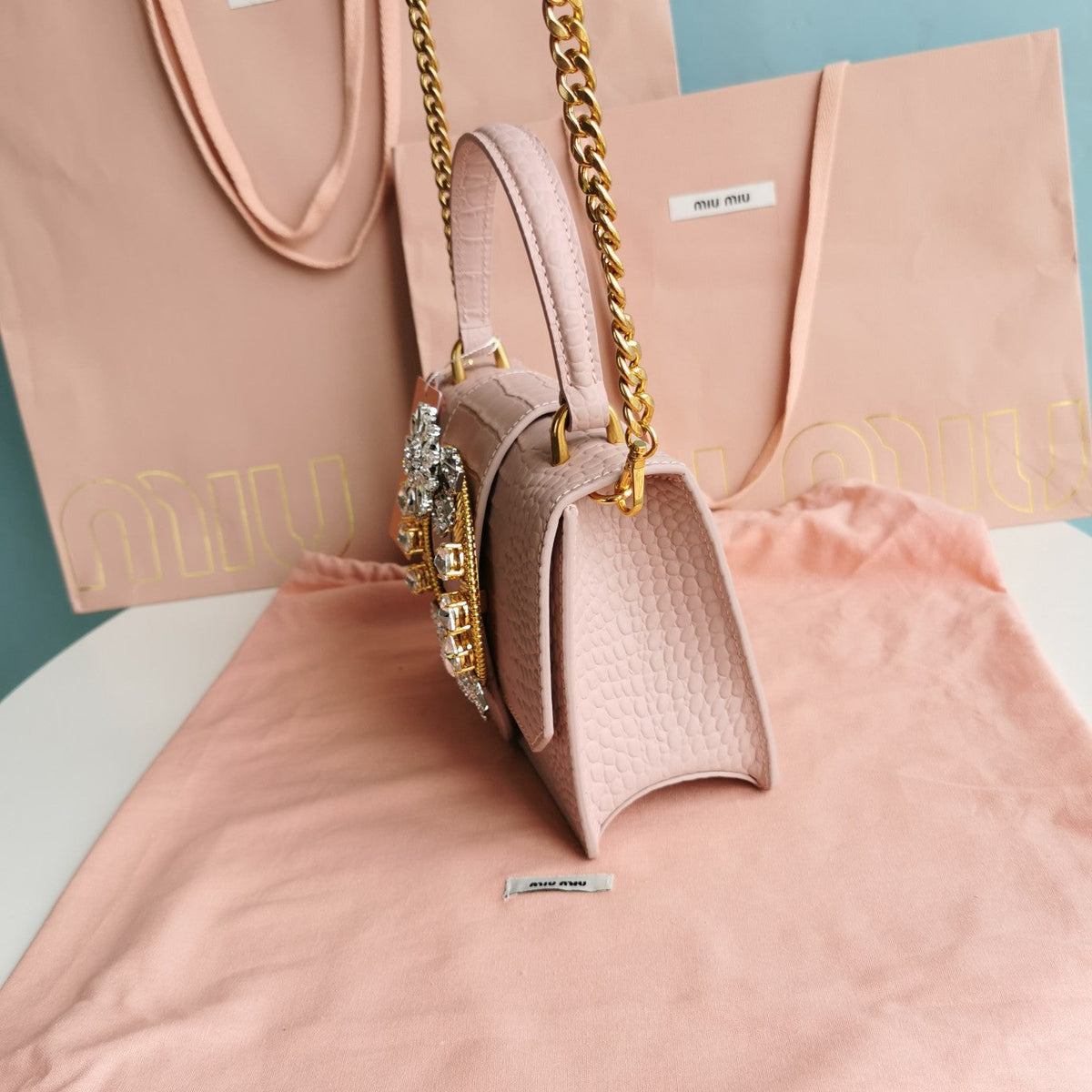 Lady 20 Handbag in Crocodile Pattern Pink Pastel Calfskin