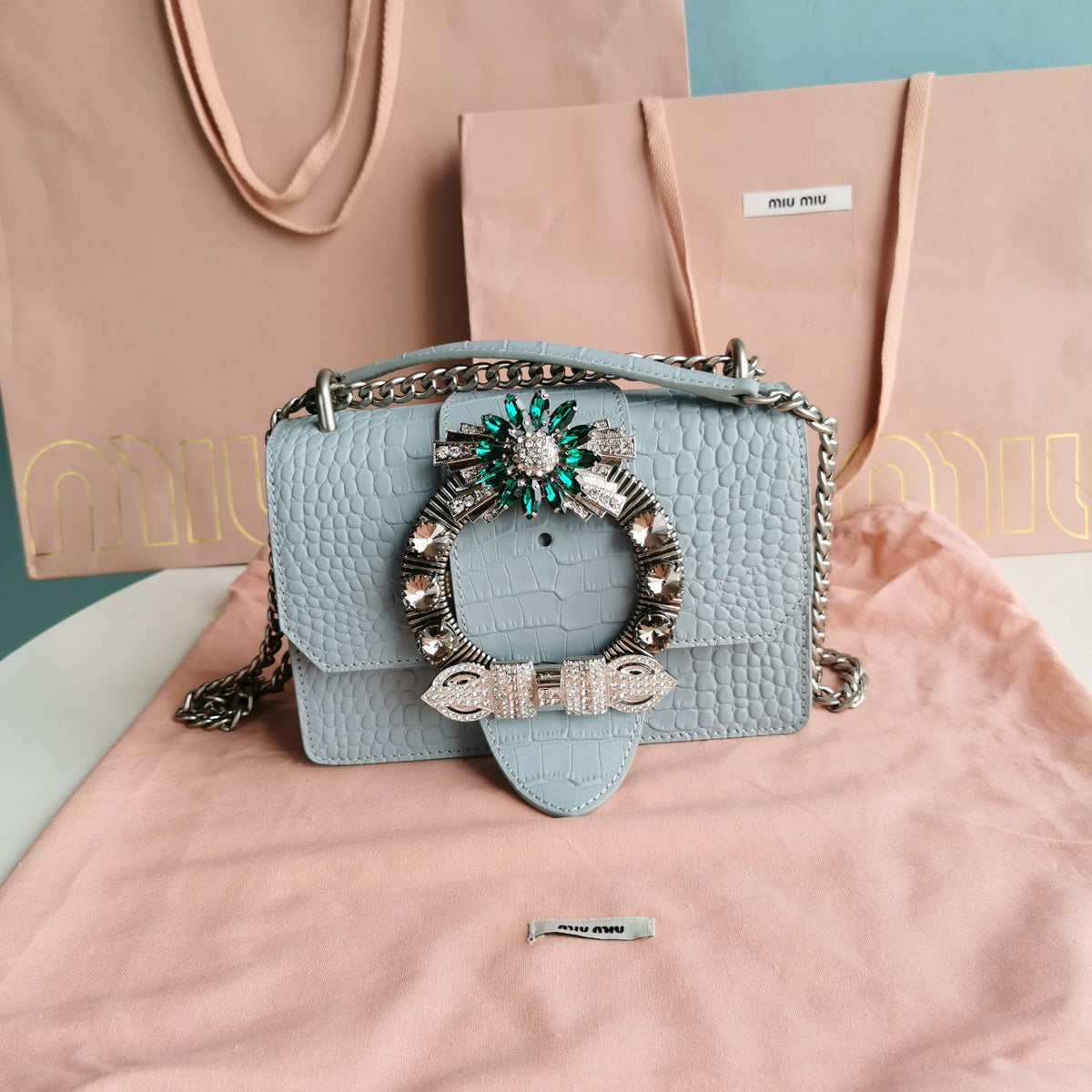 Lady 20 Handbag in Crocodile Pattern Blue Pastel Calfskin
