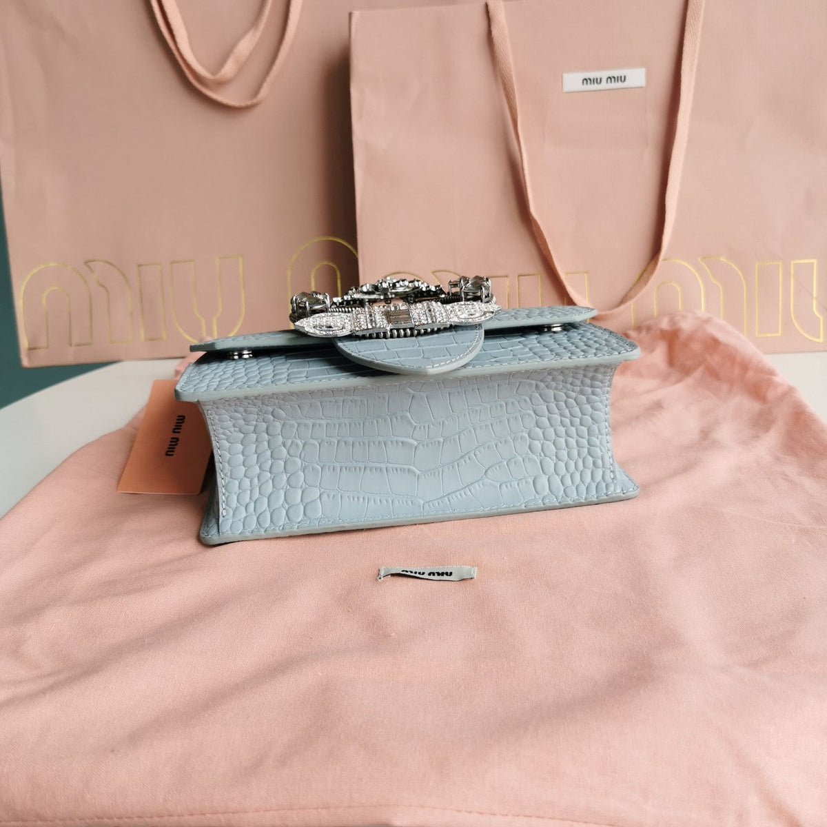 Lady 20 Handbag in Crocodile Pattern Blue Pastel Calfskin