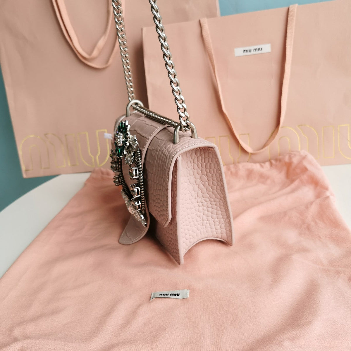 Lady 20 Handbag in Crocodile Pattern Light Pink Calfskin