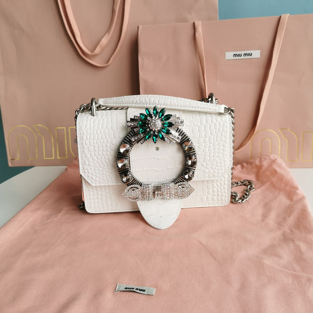 Lady 20 Handbag in Crocodile Pattern White Cream Calfskin