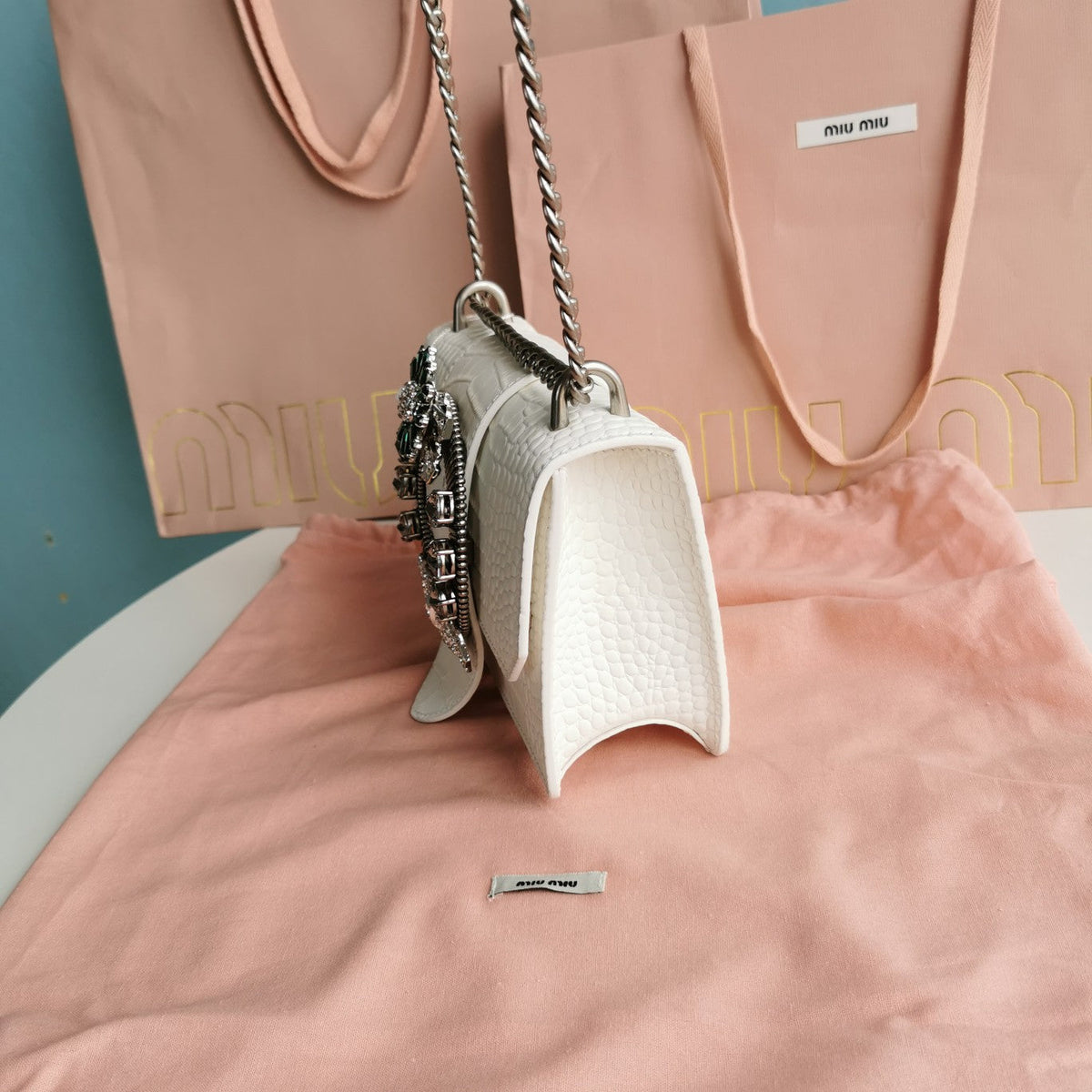 Lady 20 Handbag in Crocodile Pattern White Cream Calfskin