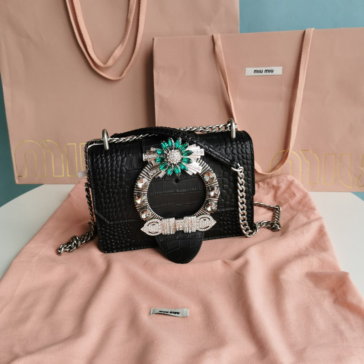 Lady 20 Handbag in Crocodile Pattern Black Calfskin