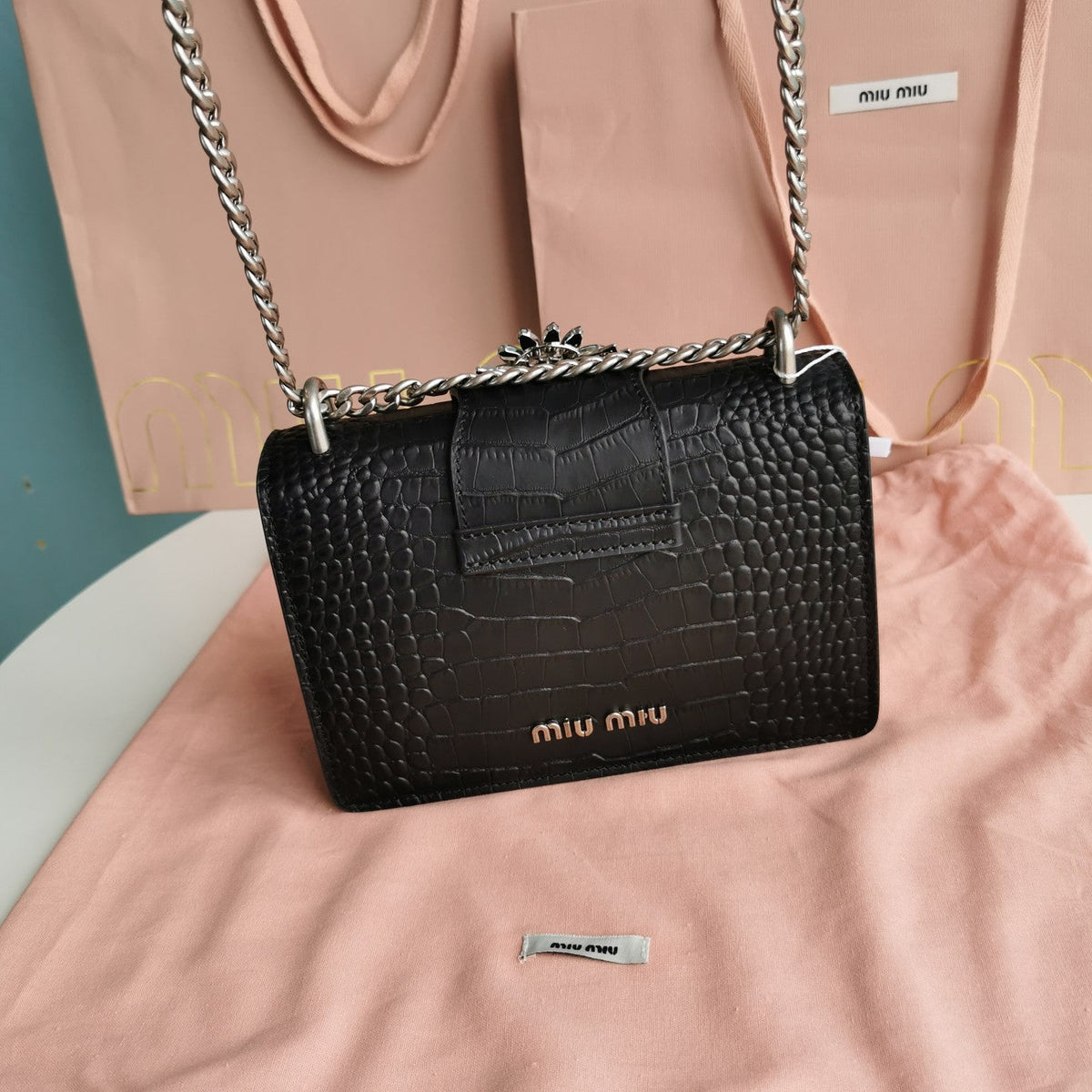 Lady 20 Handbag in Crocodile Pattern Black Calfskin