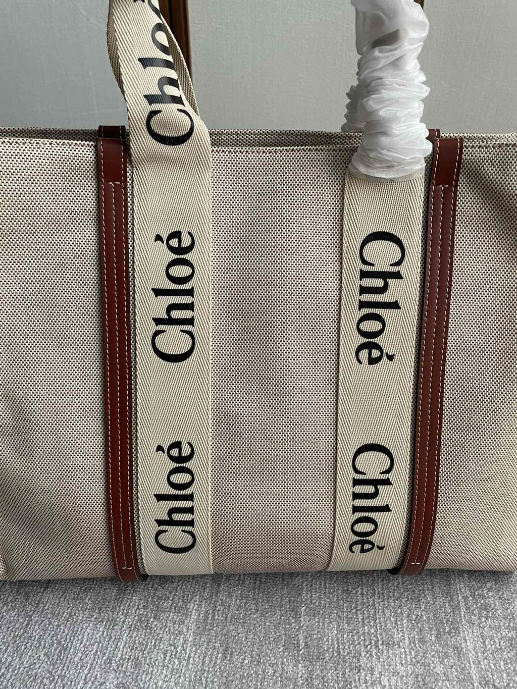 Lagre Strap Woody Tote Bag 45 in Beige Linen Canvas Black Webbing Logo Embroider Brown Calfskin
