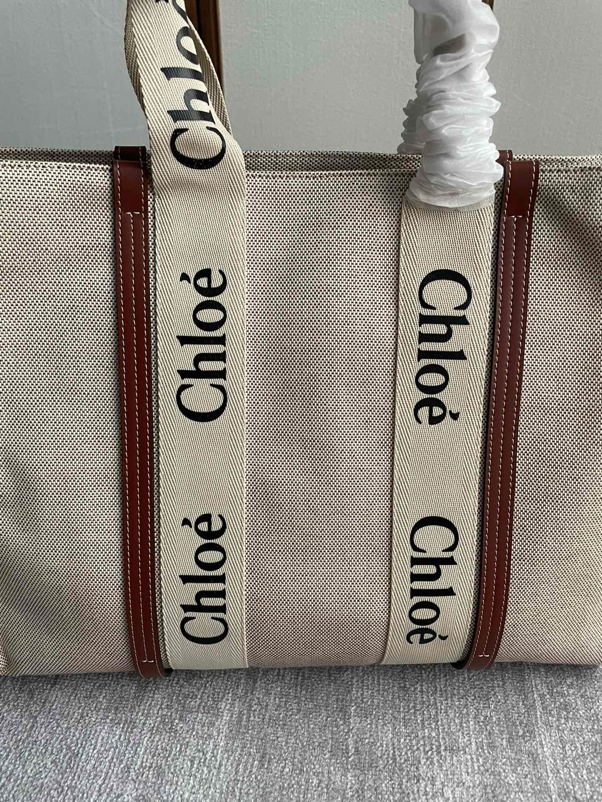 Lagre Strap Woody Tote Bag 45 in Beige Linen Canvas Black Webbing Logo Embroider Brown Calfskin