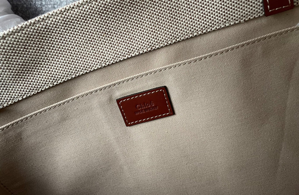 Lagre Strap Woody Tote Bag 45 in Beige Linen Canvas Black Webbing Logo Embroider Brown Calfskin