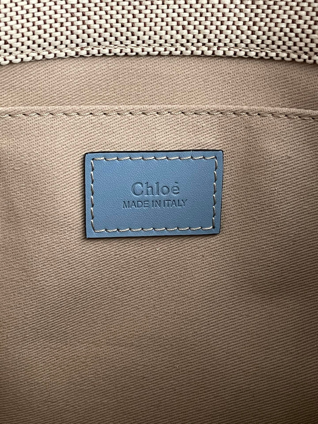 Medium Strap Woody Tote Bag 37 in Beige Linen Canvas Black Webbing Logo Embroider Blue Calfskin