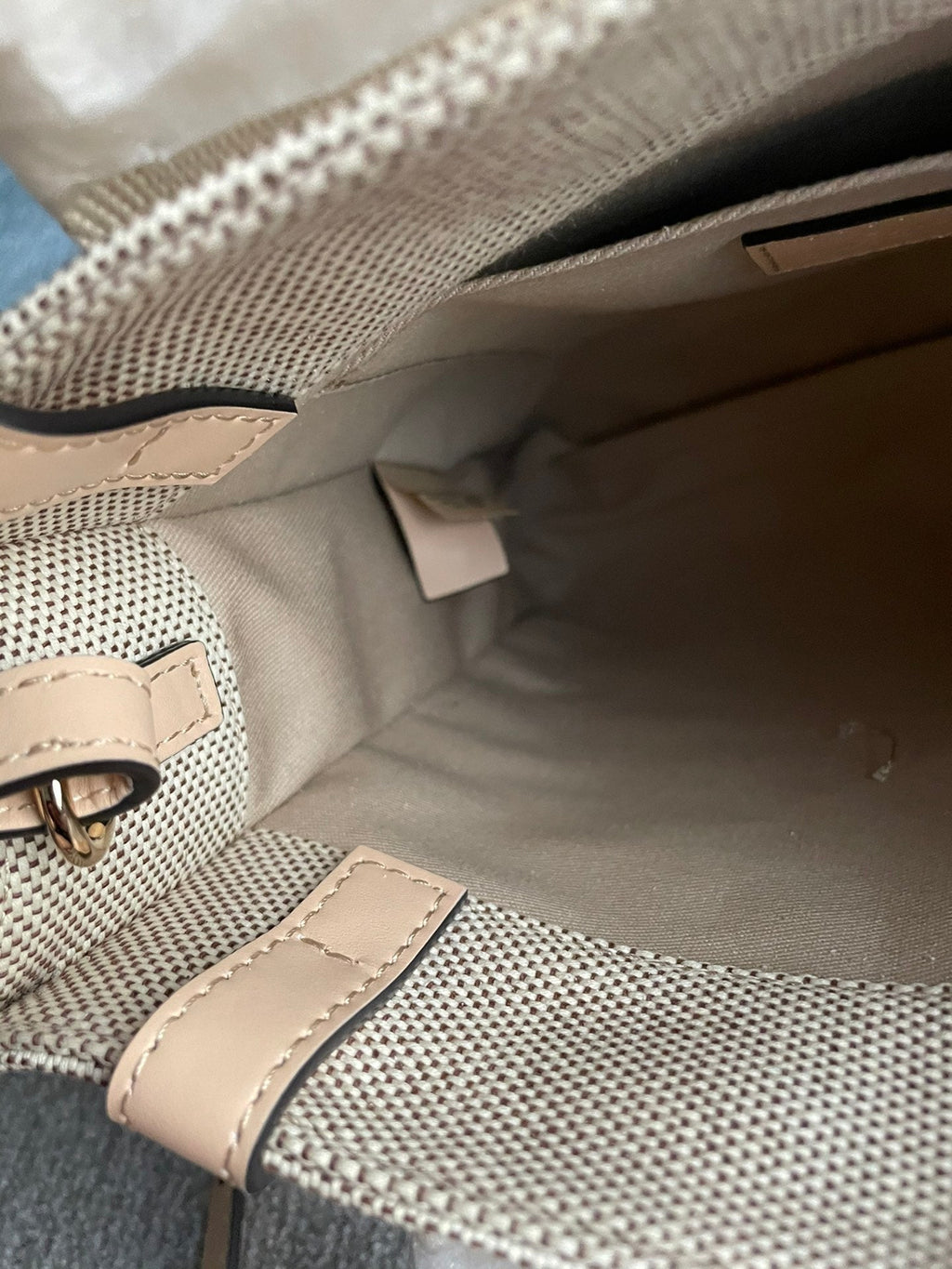 Small Strap Woody Tote Bag 26.5 in Beige Linen Canvas Black Webbing Logo Embroider Nude Calfskin