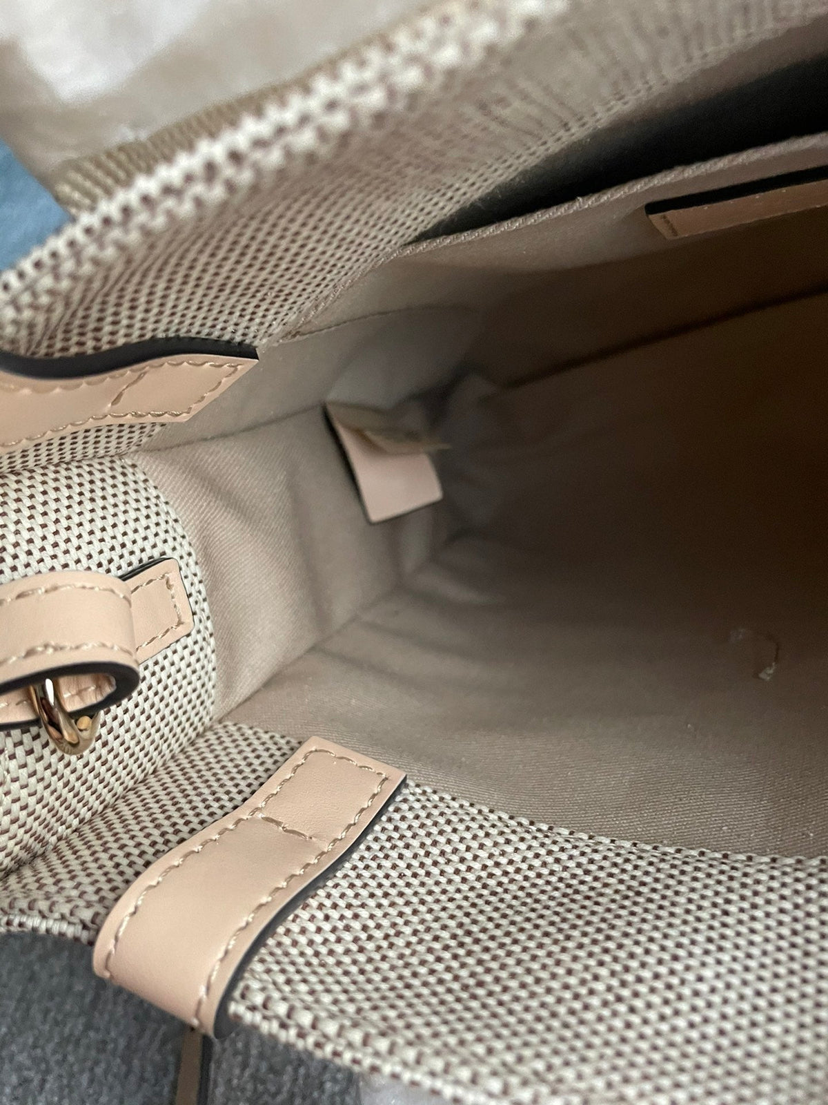 Small Strap Woody Tote Bag 26.5 in Beige Linen Canvas Black Webbing Logo Embroider Nude Calfskin
