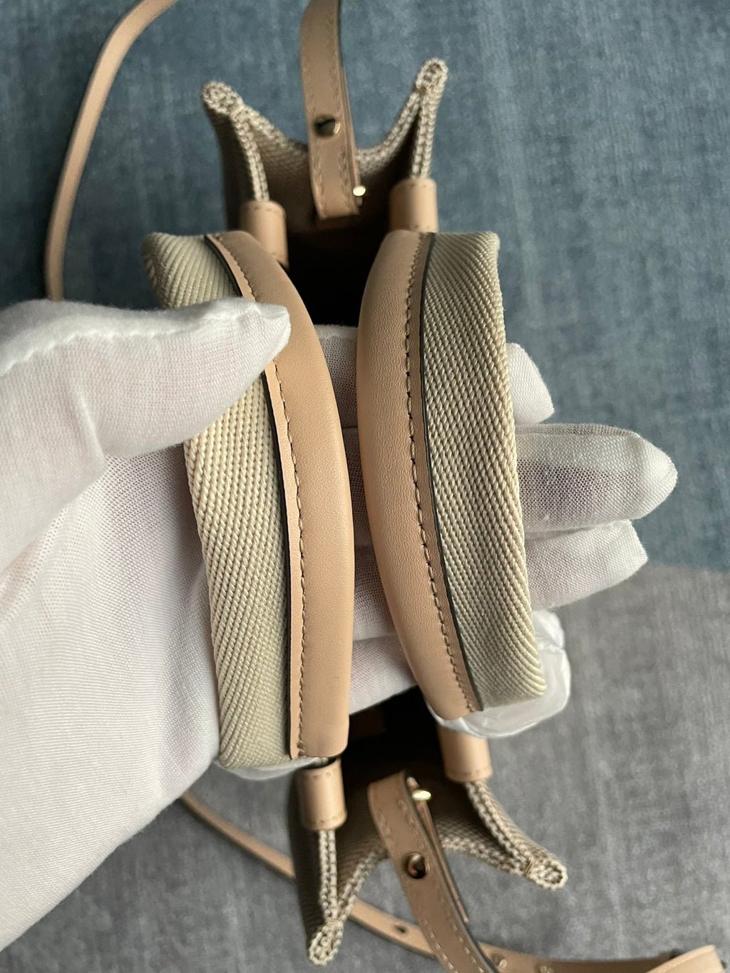 Small Strap Woody Tote Bag 26.5 in Beige Linen Canvas Black Webbing Logo Embroider Nude Calfskin