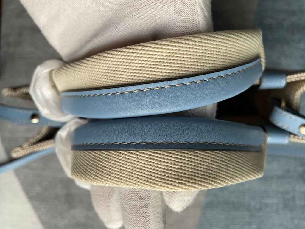 Small Strap Woody Tote Bag 26.5 in Beige Linen Canvas Black Webbing Logo Embroider Blue Calfskin
