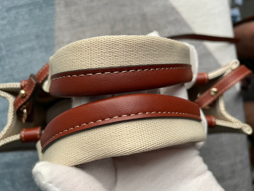 Small Strap Woody Tote Bag 26.5 in Beige Linen Canvas Black Webbing Logo Embroider Brown Calfskin