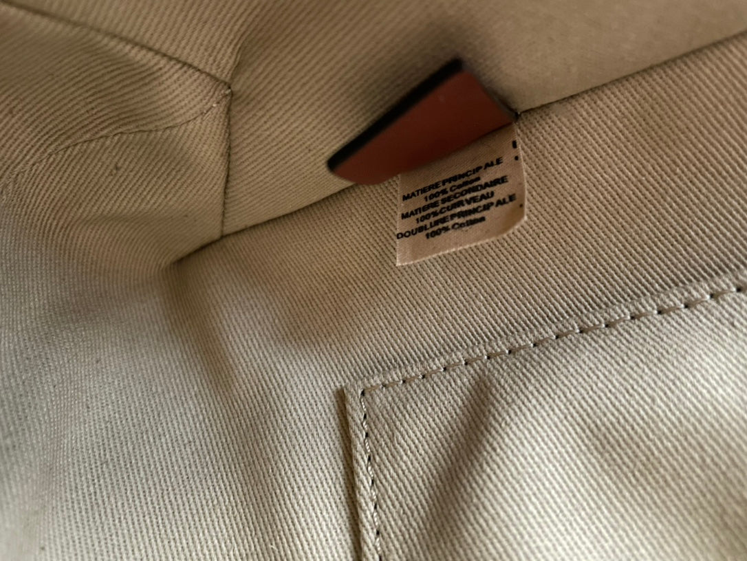 Small Strap Woody Tote Bag 26.5 in Beige Linen Canvas Black Webbing Logo Embroider Brown Calfskin