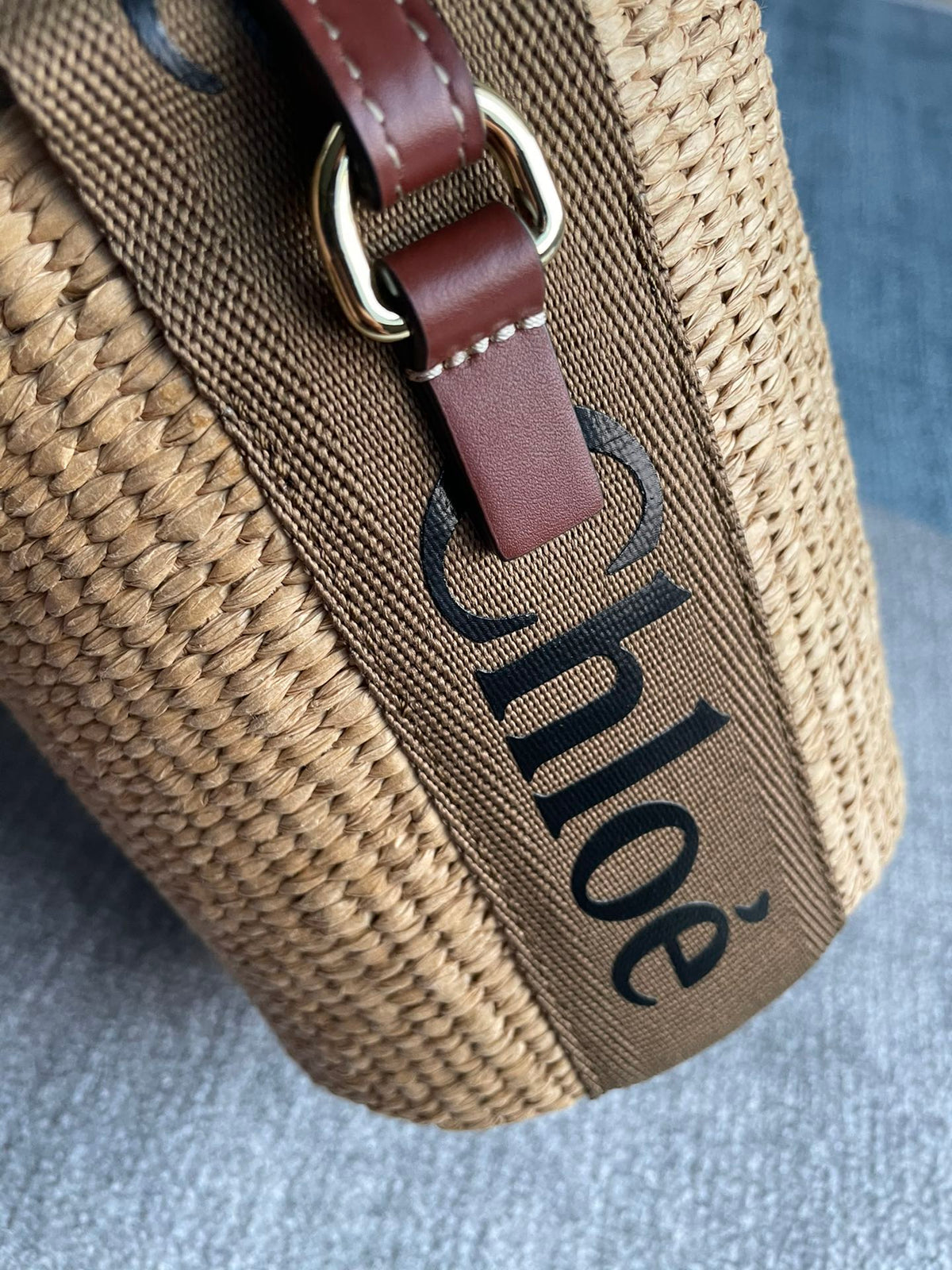 Small Woody Basket 17 in Natural Fibers Brown Webbing Dark Brown Calfskin Bag