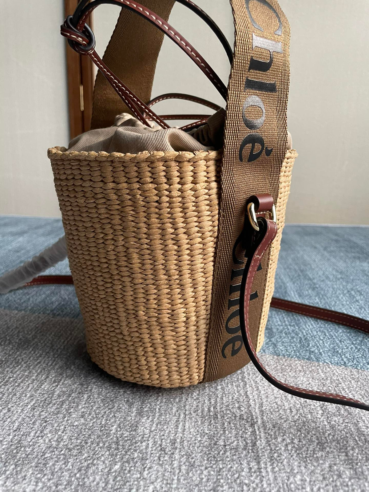 Small Woody Basket 17 in Natural Fibers Brown Webbing Dark Brown Calfskin Bag