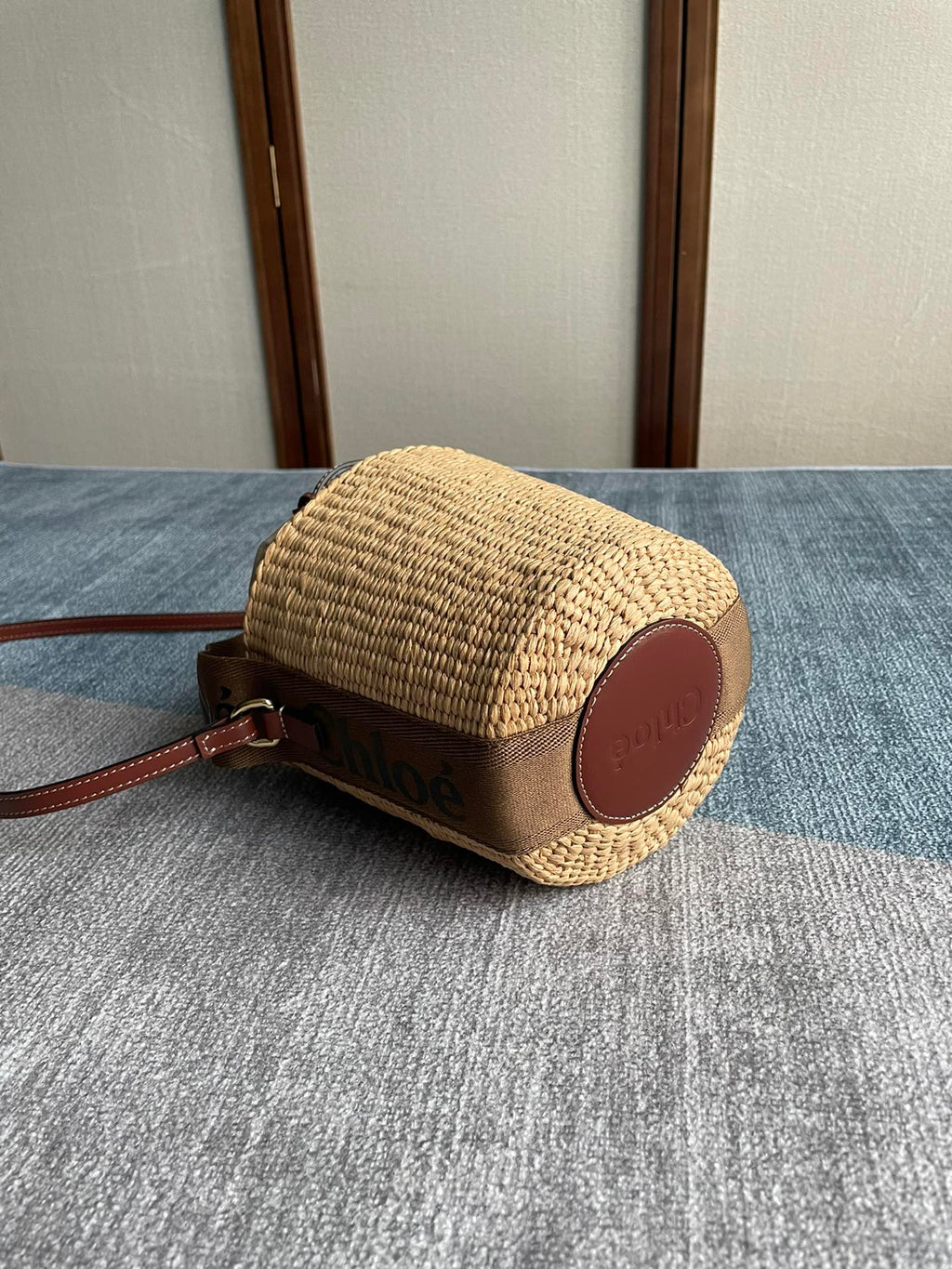 Small Woody Basket 17 in Natural Fibers Brown Webbing Dark Brown Calfskin Bag