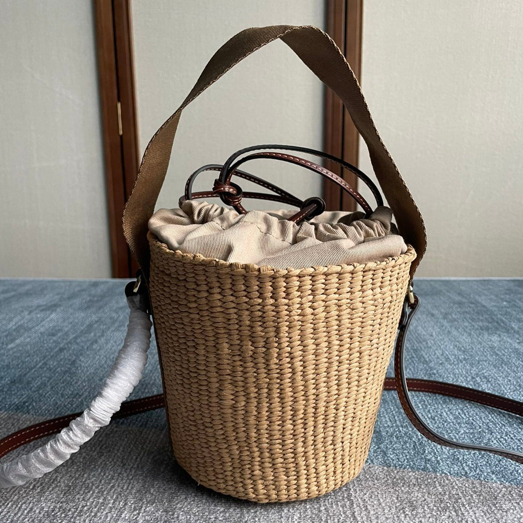 Small Woody Basket 17 in Natural Fibers Brown Webbing Dark Brown Calfskin Bag