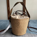 Small Woody Basket 17 in Natural Fibers Brown Webbing Dark Brown Calfskin Bag
