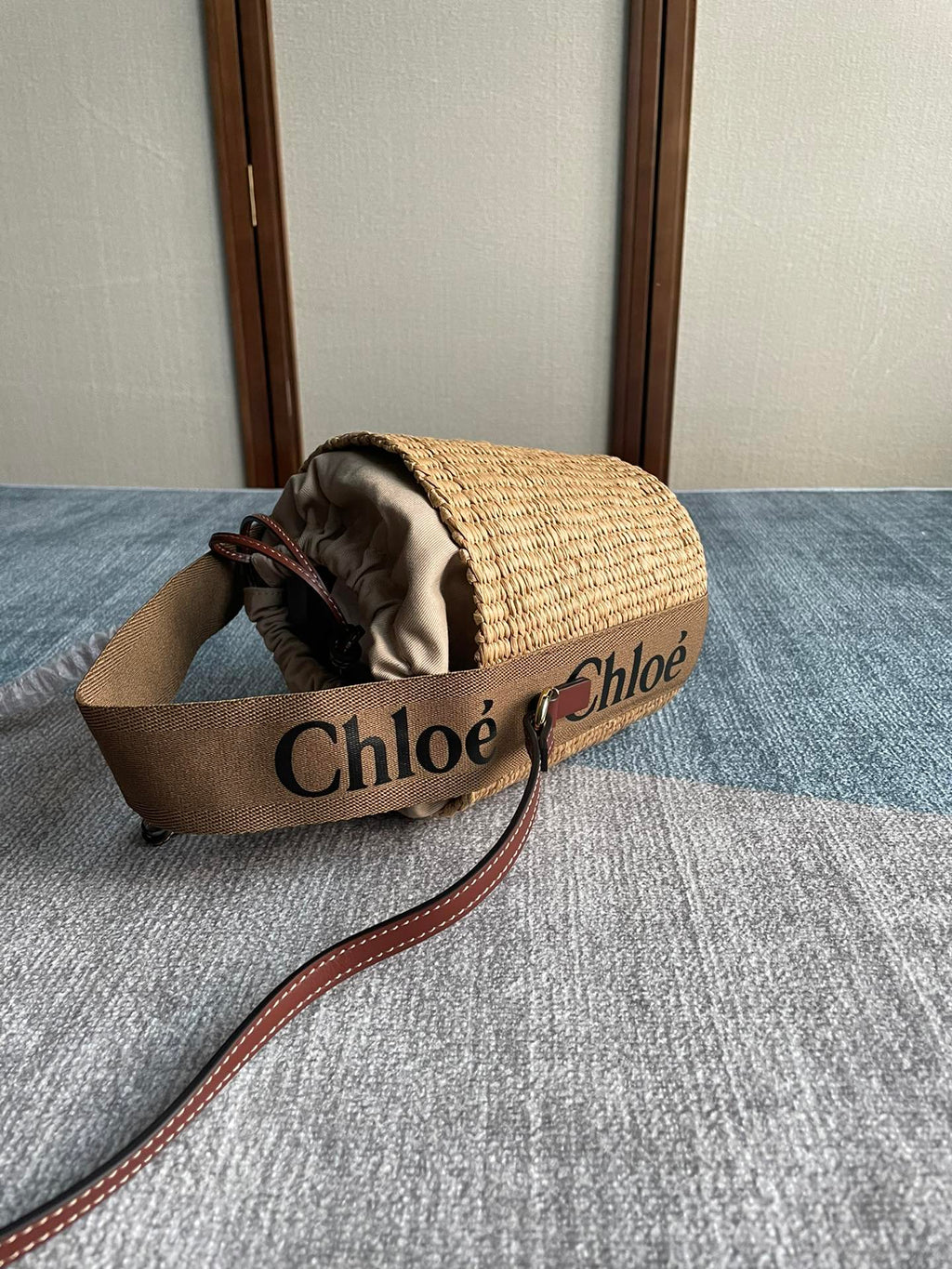 Small Woody Basket 17 in Natural Fibers Brown Webbing Dark Brown Calfskin Bag
