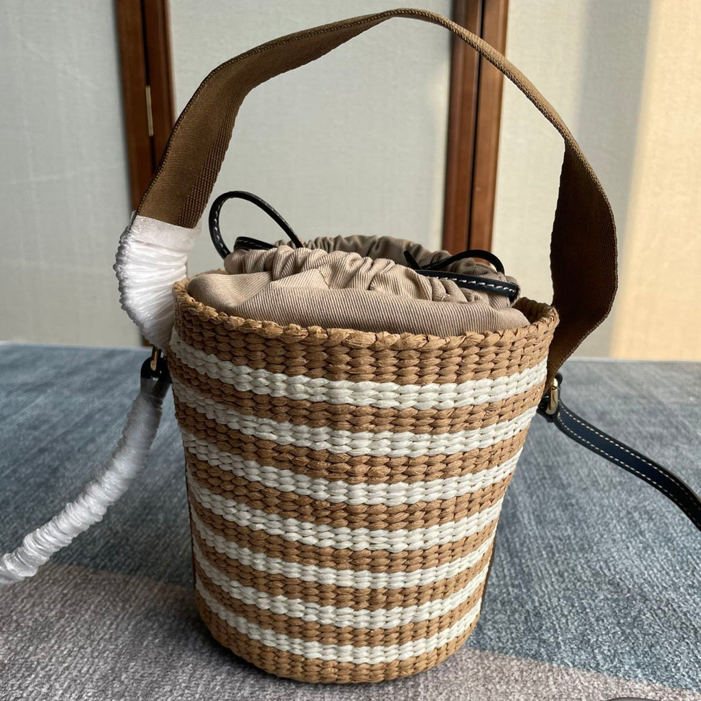 Small Woody Basket 17 in Brown and White Fibers Brown Webbing Black Calfskin Bag