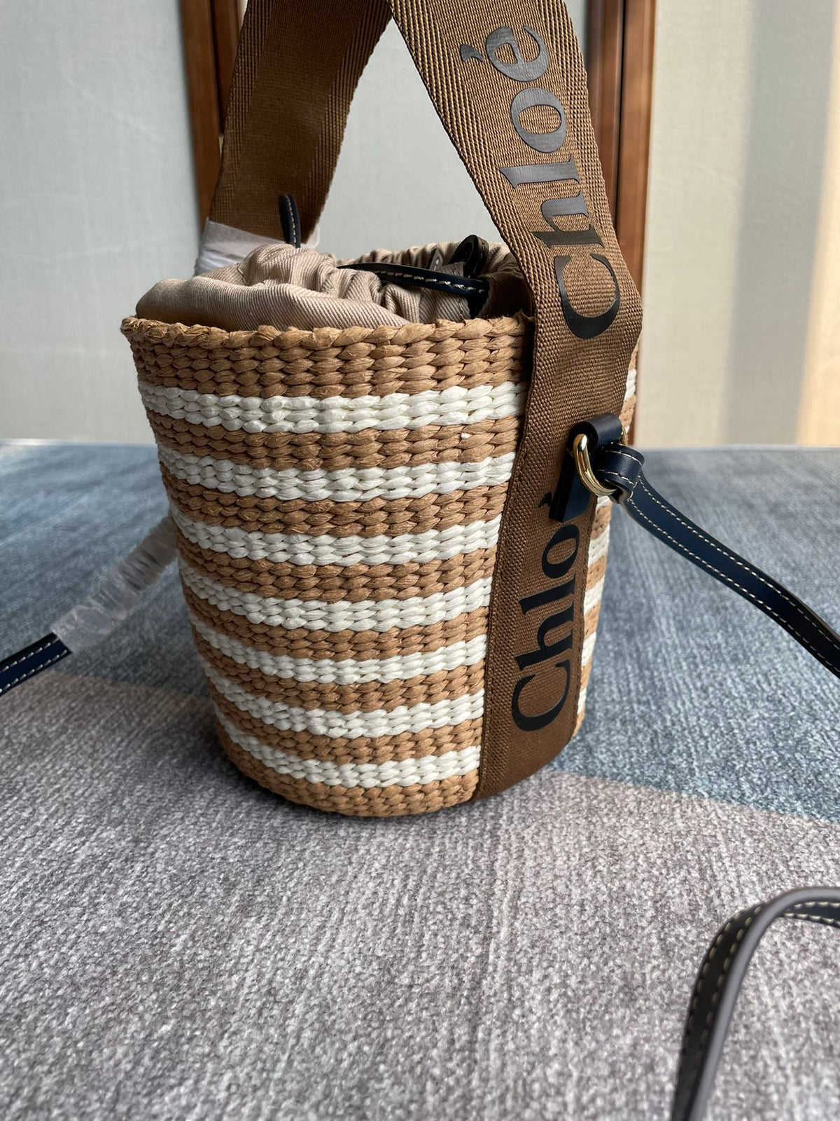 Small Woody Basket 17 in Brown and White Fibers Brown Webbing Black Calfskin Bag