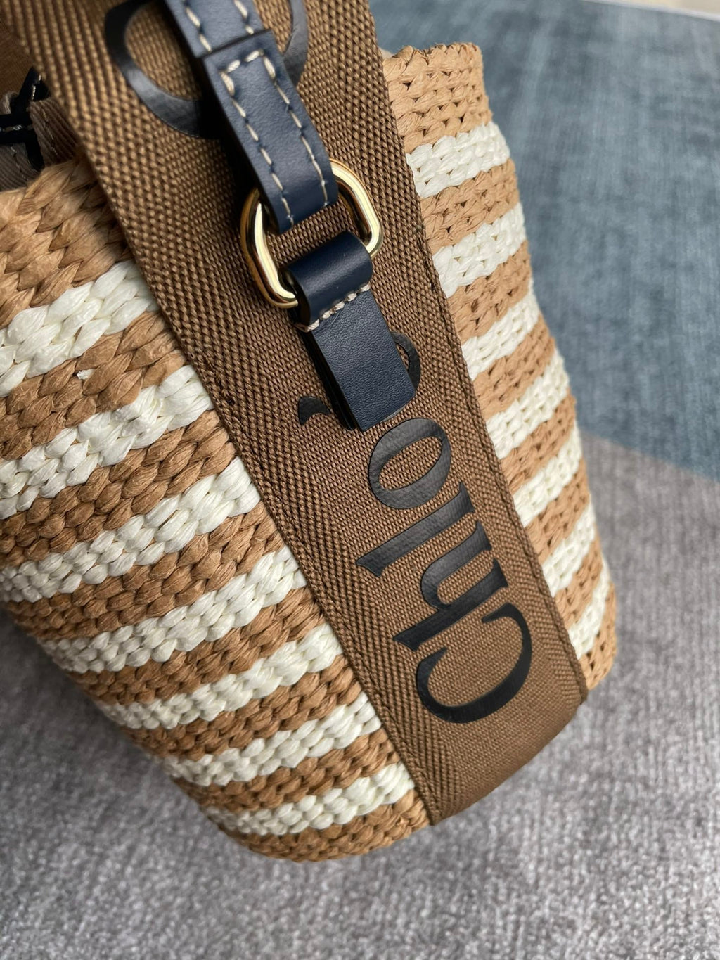 Small Woody Basket 17 in Brown and White Fibers Brown Webbing Black Calfskin Bag