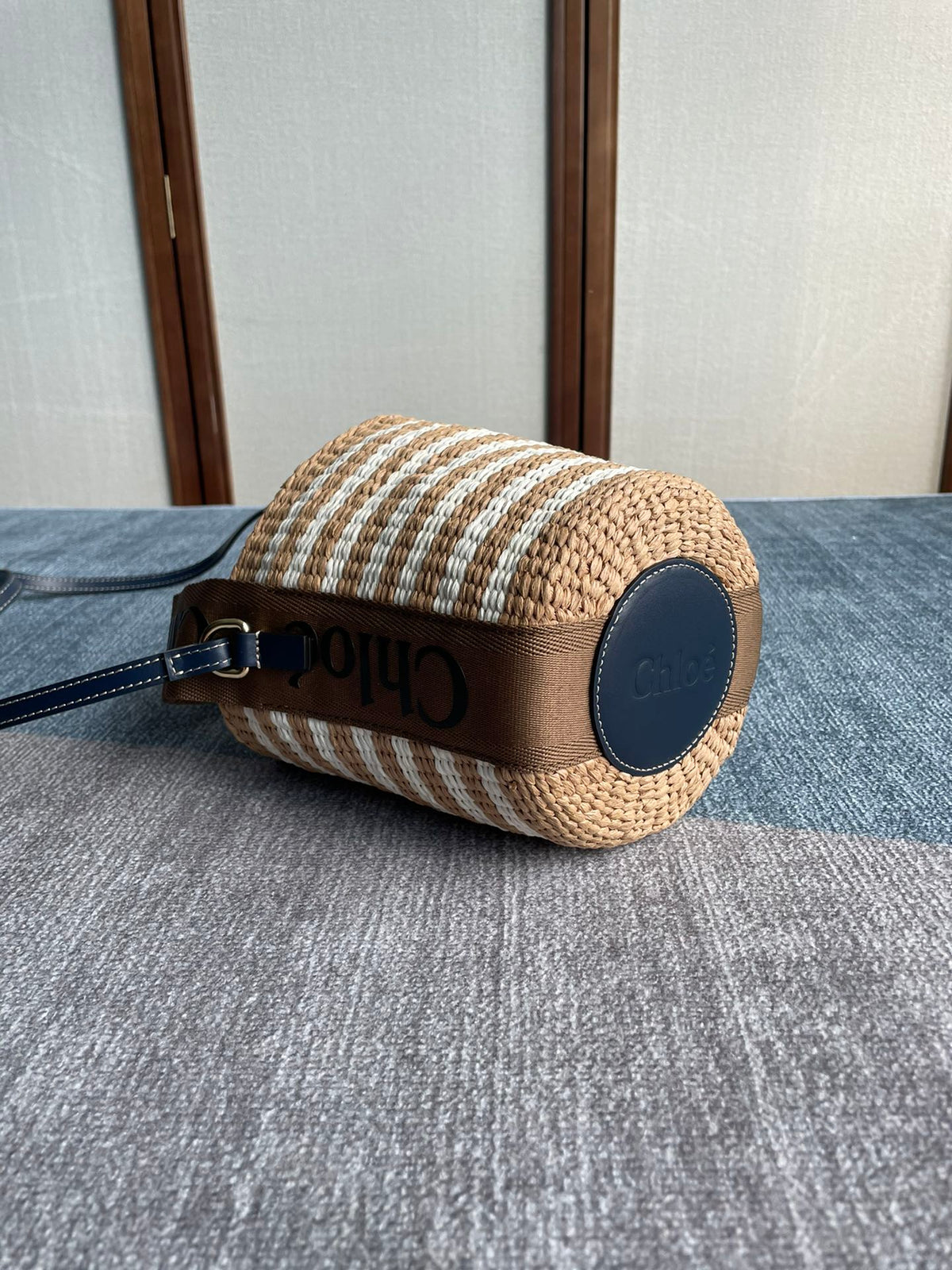 Small Woody Basket 17 in Brown and White Fibers Brown Webbing Black Calfskin Bag