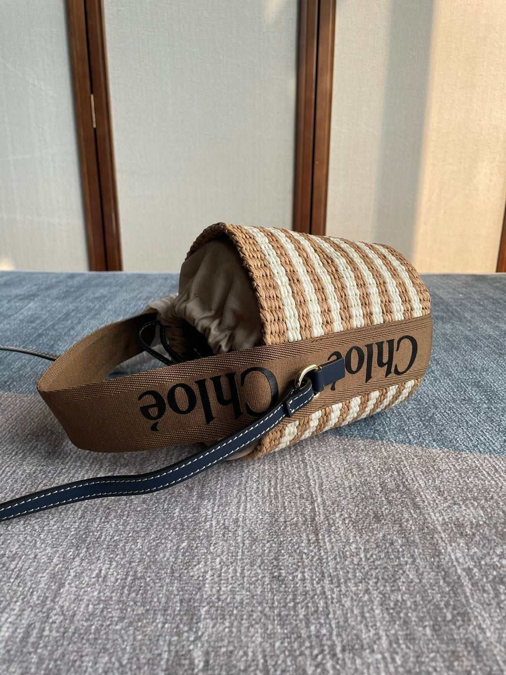 Small Woody Basket 17 in Brown and White Fibers Brown Webbing Black Calfskin Bag