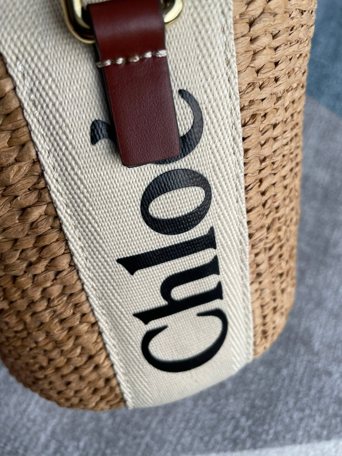 Small Woody Basket 17 in Natural Fibers Beige Webbing Dark Brown Calfskin Bag