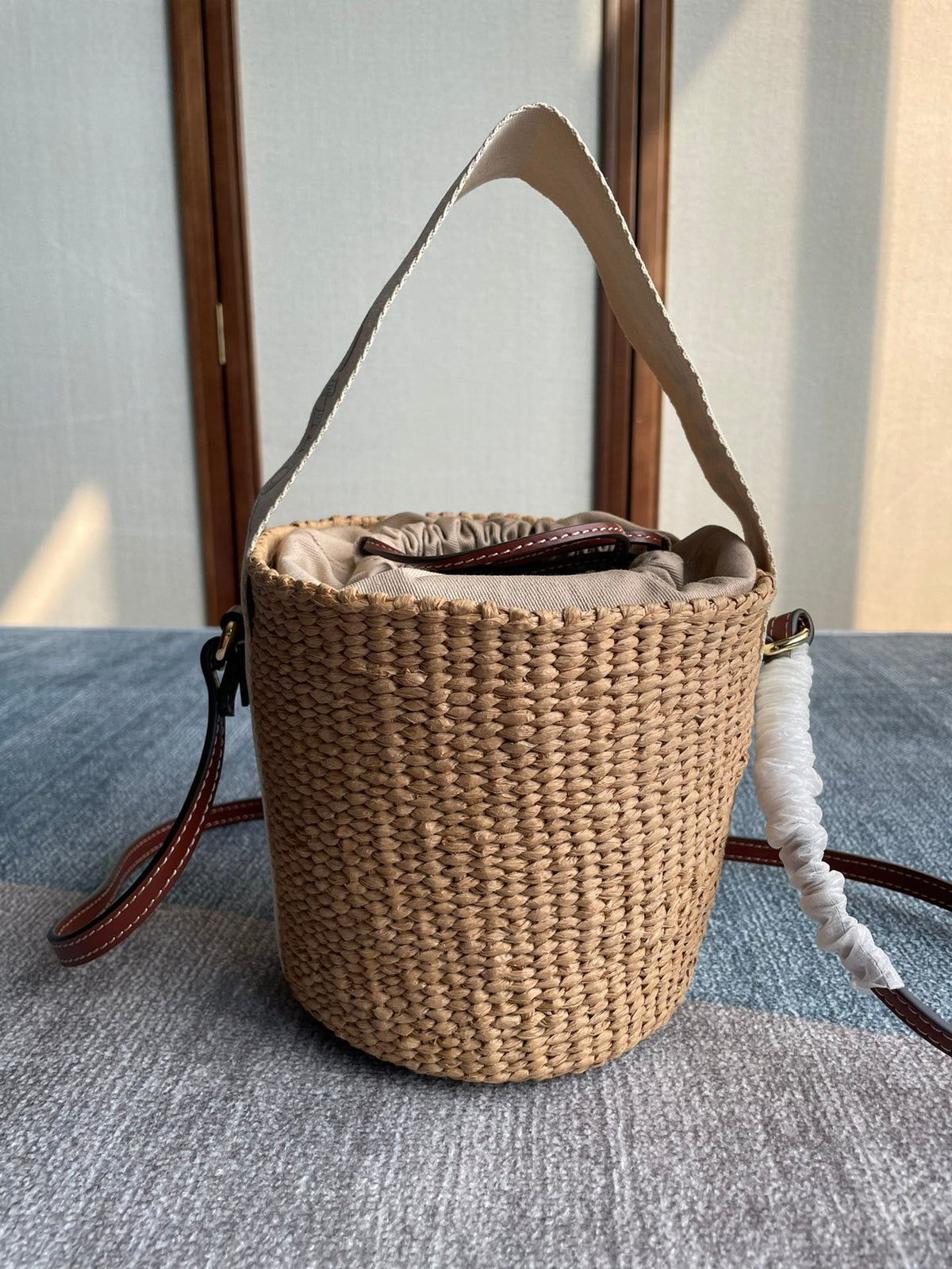 Small Woody Basket 17 in Natural Fibers Beige Webbing Dark Brown Calfskin Bag