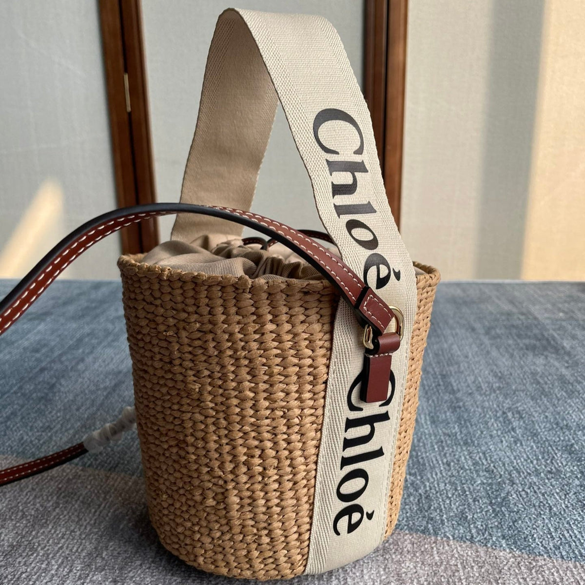 Small Woody Basket 17 in Natural Fibers Beige Webbing Dark Brown Calfskin Bag