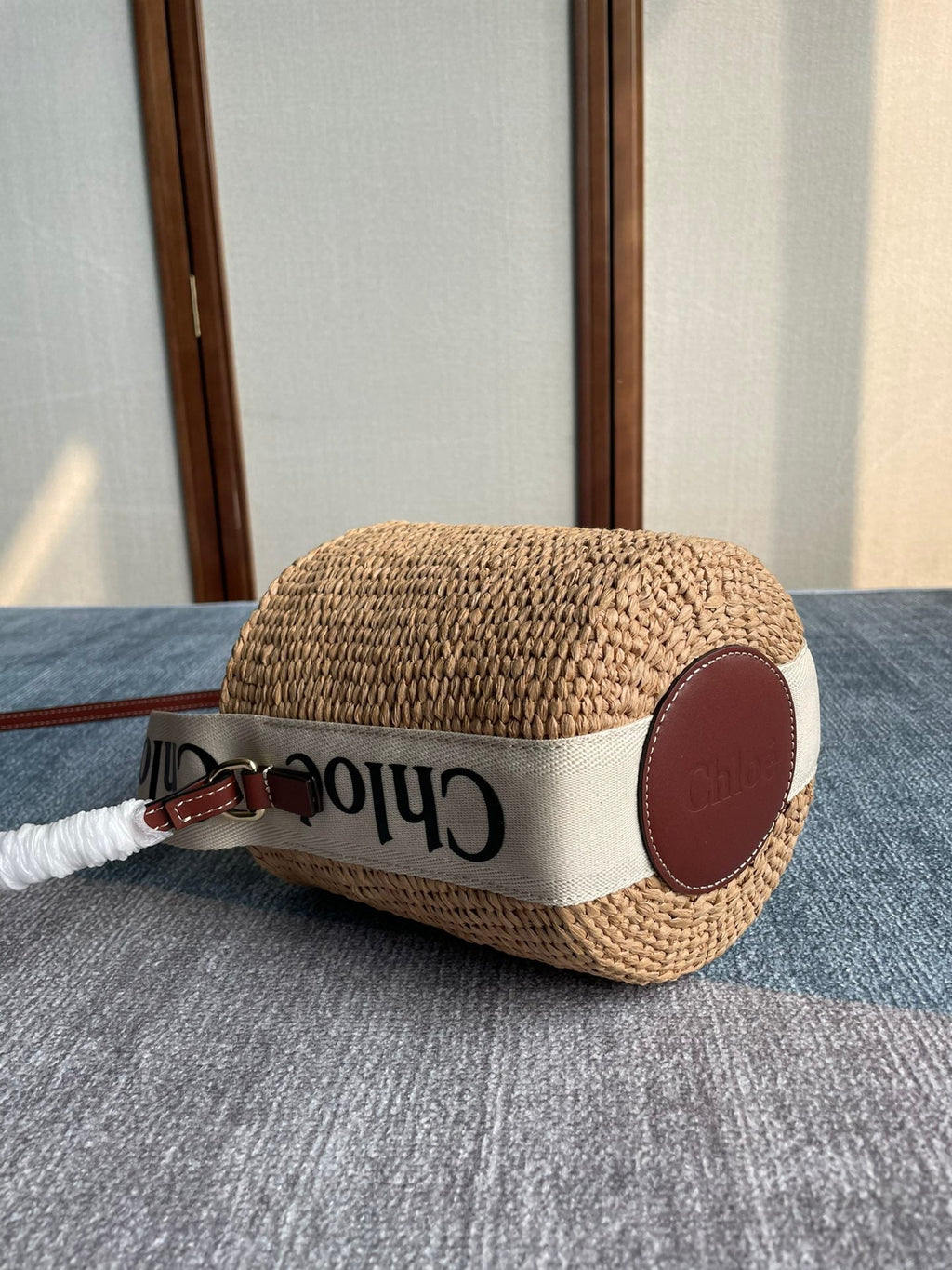 Small Woody Basket 17 in Natural Fibers Beige Webbing Dark Brown Calfskin Bag