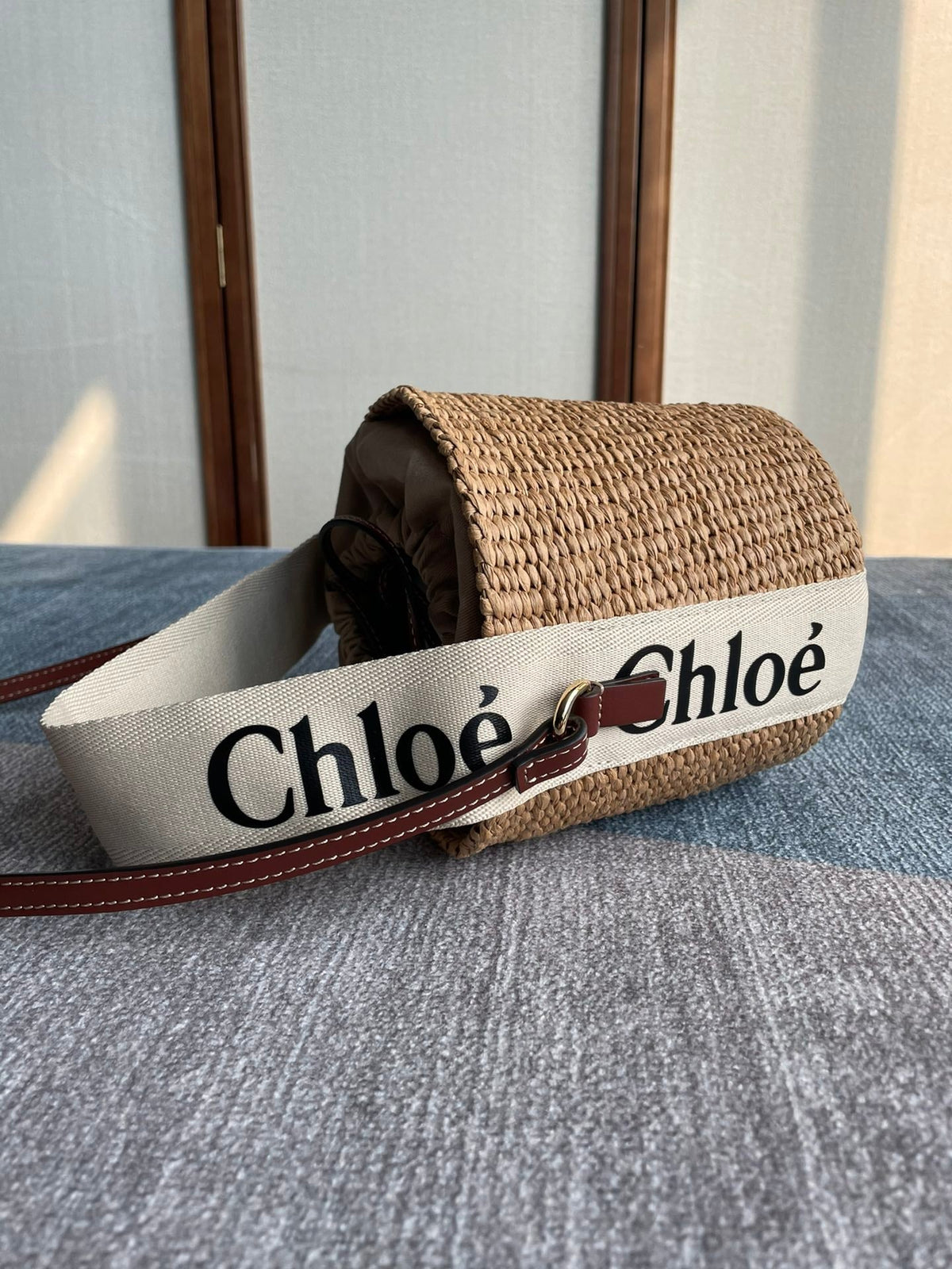 Small Woody Basket 17 in Natural Fibers Beige Webbing Dark Brown Calfskin Bag